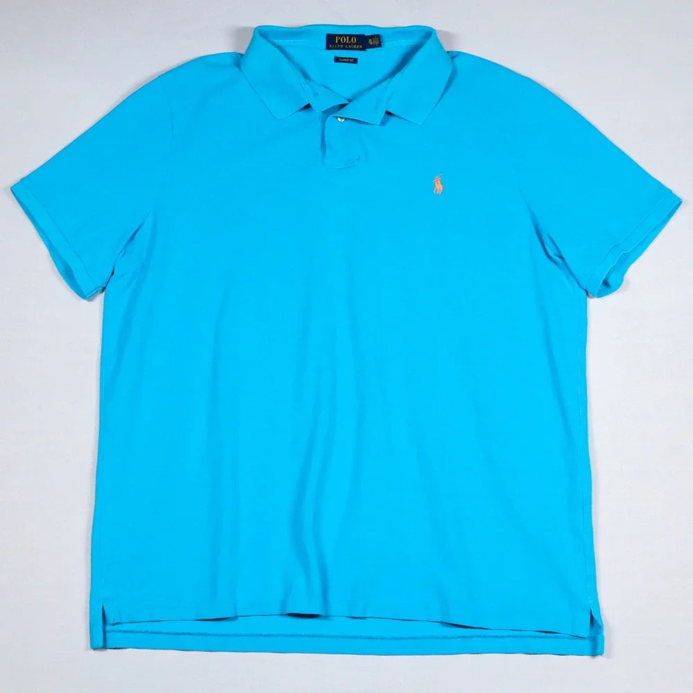 Polo Ralph Lauren Polo Shirt Mens XL Turquoise Blue Classic Fit Peach Pony Mesh